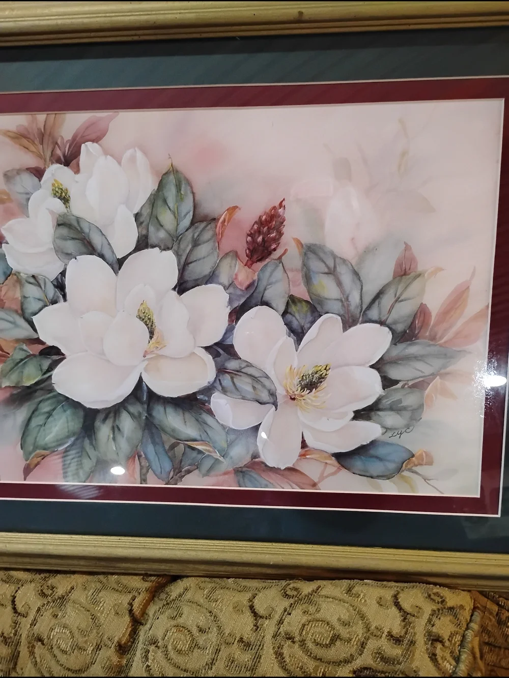 Classic White Magnolia Floral Wall Art Print with Gold Frame
